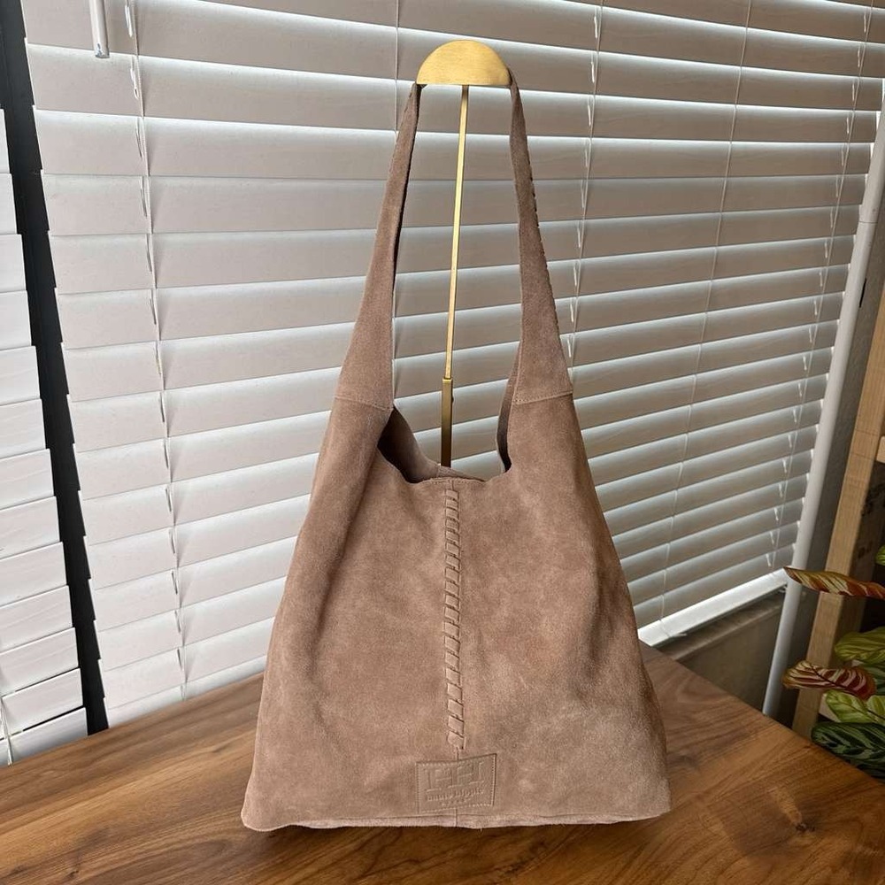 Haute Hippie Tan Suede Boho Slouchy Hobo Shoulder Bag Handbag Whipstitch Detail - Picture 2 of 16